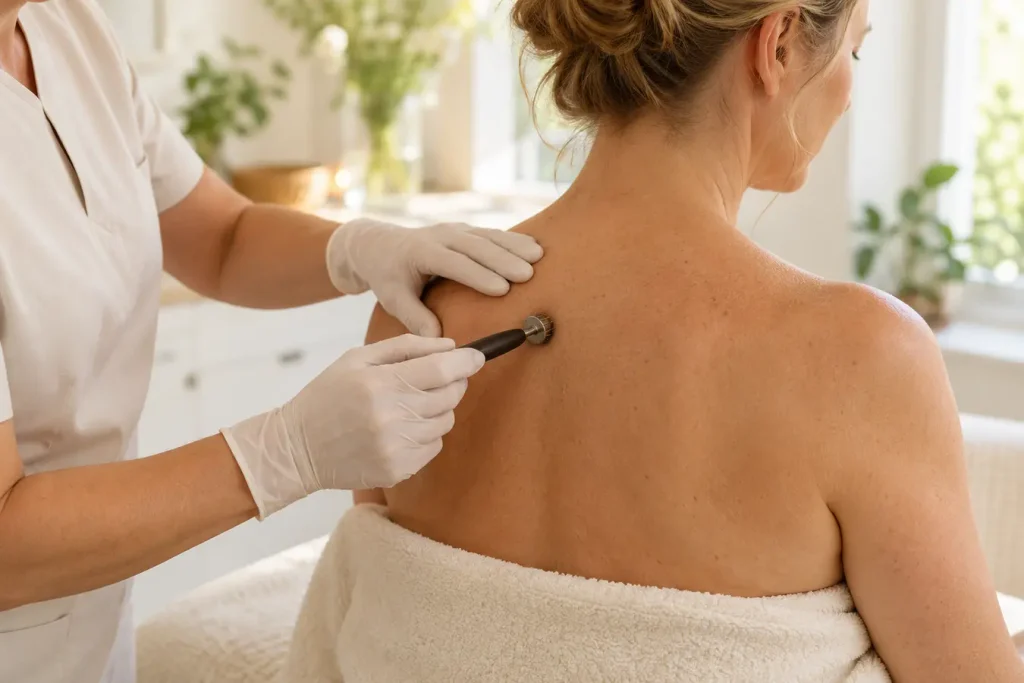 Baunscheidt-Gerät mit Schutzkappe angewandt am Rücken einer Patientin
