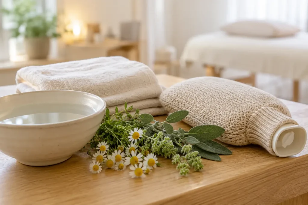 Leinentücher, Wärmflasche, Wasserschale und Heilpflanzen auf einem Holztisch in einer hellen Praxisumgebung.